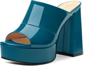 Womens Platform Chunky Heels Sandals Square Open Toe High Heeled Sandals Slip On Slides Dress Party Wedding Shoes