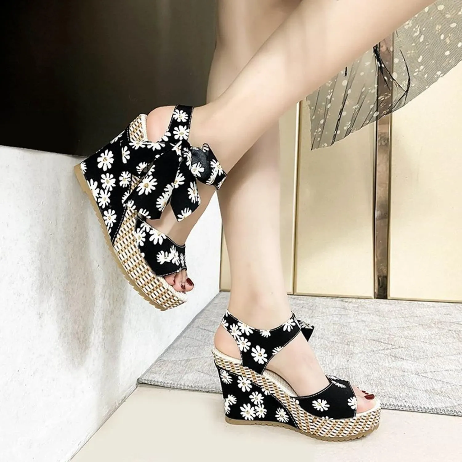 Womens Platform Espadrille Wedges Open Toe High Heel Floral Printed Slingback with Ankle Strap Bowknot Sandals Bow Dress Shoes Tie Lace Up Summer Sandal Wedding Dressy Beach Going Out Trendy Sandal