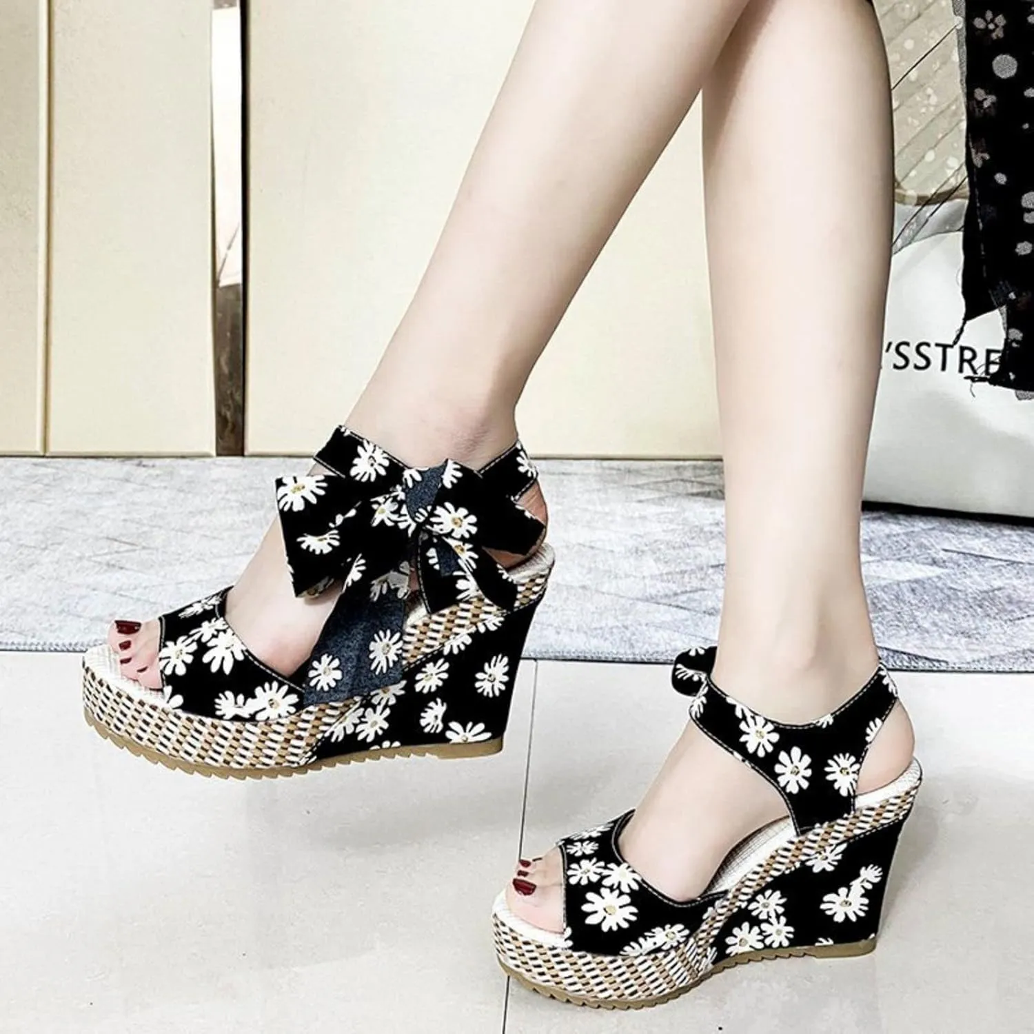 Womens Platform Espadrille Wedges Open Toe High Heel Floral Printed Slingback with Ankle Strap Bowknot Sandals Bow Dress Shoes Tie Lace Up Summer Sandal Wedding Dressy Beach Going Out Trendy Sandal