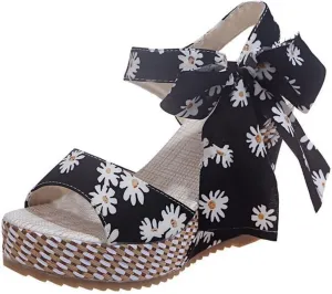 Womens Platform Espadrille Wedges Open Toe High Heel Floral Printed Slingback with Ankle Strap Bowknot Sandals Bow Dress Shoes Tie Lace Up Summer Sandal Wedding Dressy Beach Going Out Trendy Sandal