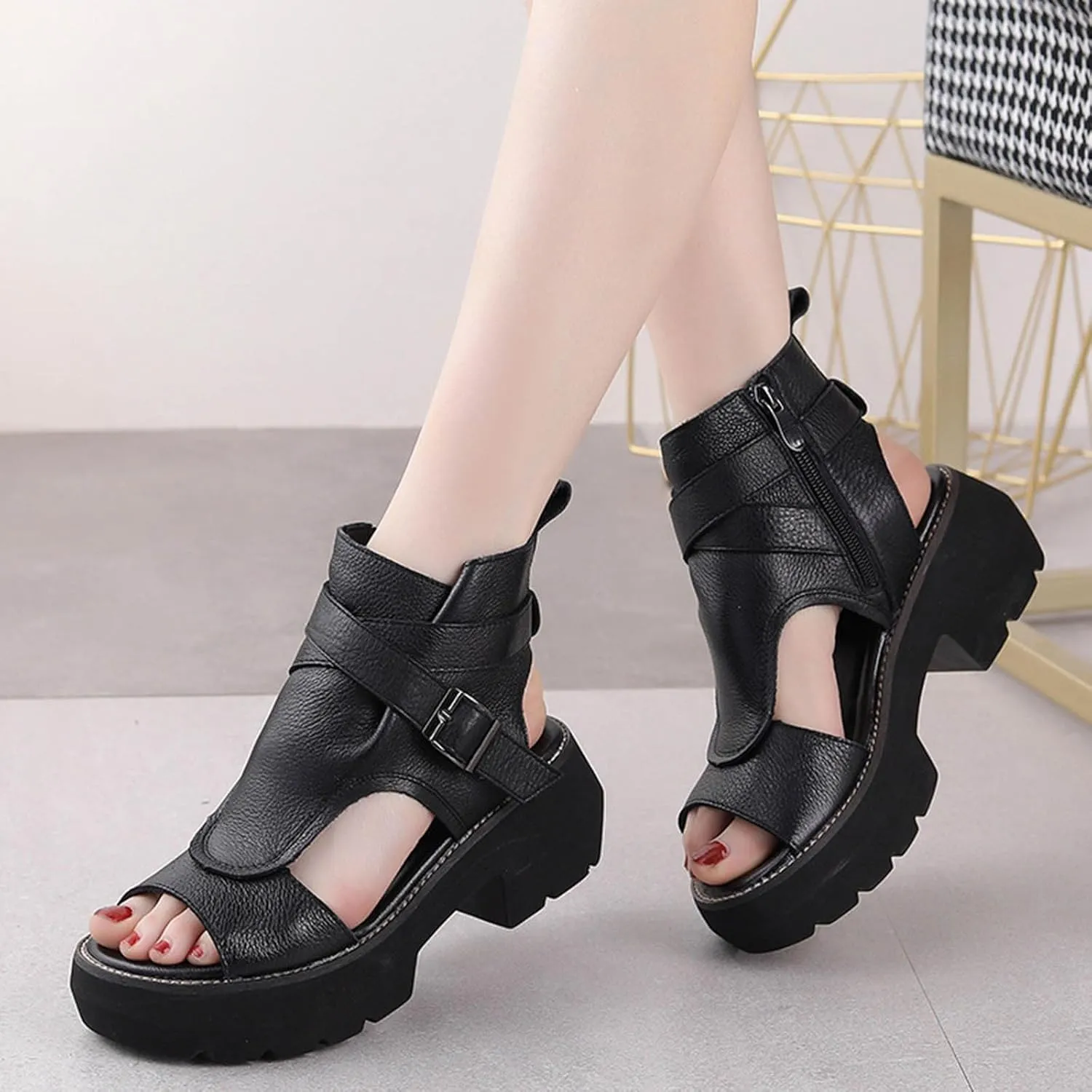 Women's Platform Lug Sole Sandals with Ankle Strap Open Toe Thick Heel Sandal Dressy Summer Block Heels Shoes