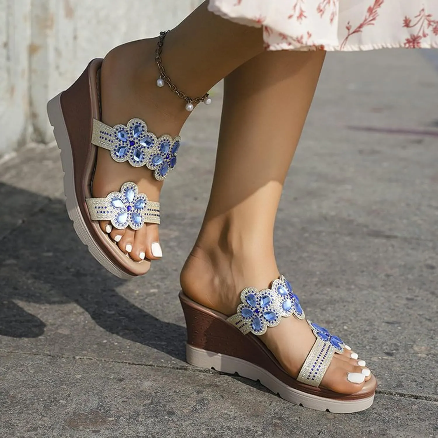 Womens Platform Wedge Sandals,Low Heel Open Toe Wedge Slip On Glitter Rhinestones Low Wedge Comfortable Party Wedding Casual Walking Shoes Dressy Summer