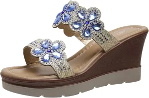 Womens Platform Wedge Sandals,Low Heel Open Toe Wedge Slip On Glitter Rhinestones Low Wedge Comfortable Party Wedding Casual Walking Shoes Dressy Summer