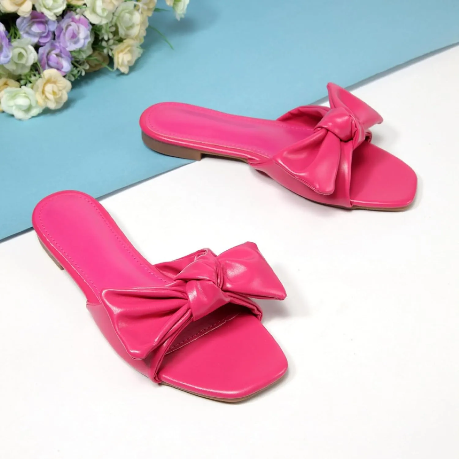 Women'S Pleated Bow Low Heel Slide Sandals Summer Comfort Open Square Toe Slip On Flat Beach Sandals Anti-Slip Party Casual Sandals