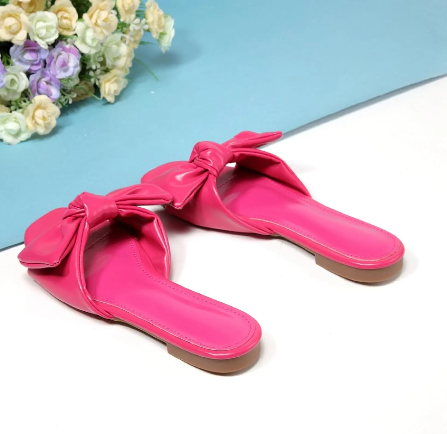 Women'S Pleated Bow Low Heel Slide Sandals Summer Comfort Open Square Toe Slip On Flat Beach Sandals Anti-Slip Party Casual Sandals