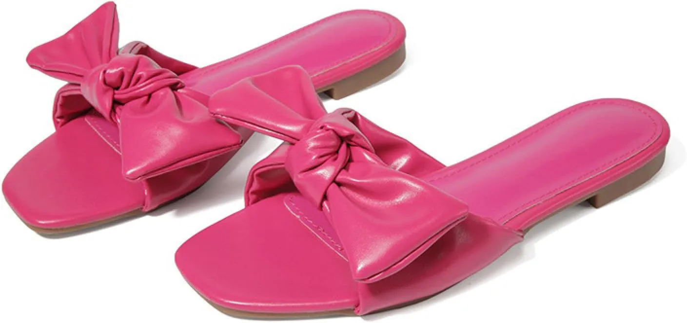 Women'S Pleated Bow Low Heel Slide Sandals Summer Comfort Open Square Toe Slip On Flat Beach Sandals Anti-Slip Party Casual Sandals