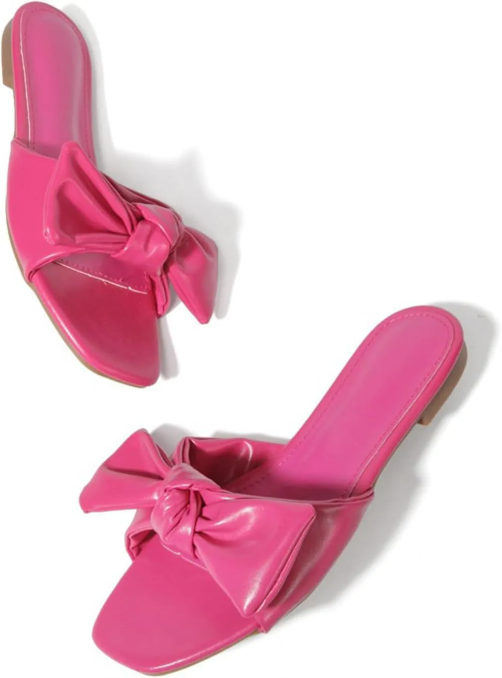 Women'S Pleated Bow Low Heel Slide Sandals Summer Comfort Open Square Toe Slip On Flat Beach Sandals Anti-Slip Party Casual Sandals