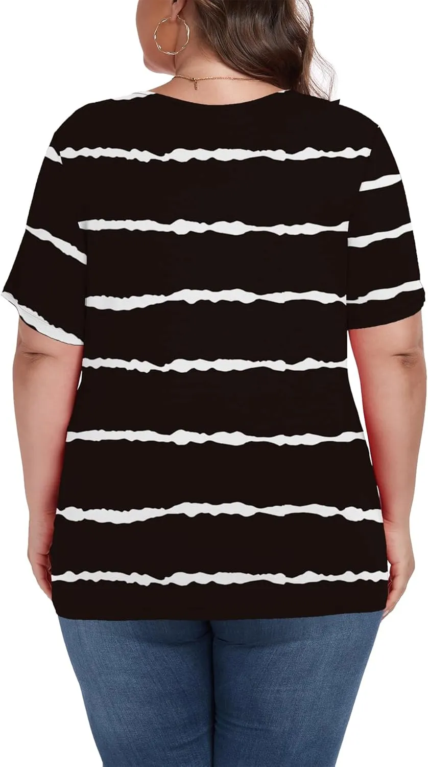 Women's Plus Size Shirt Short Sleeve Button Round Neck Top Basic Ladies Loose Fit T Shirt