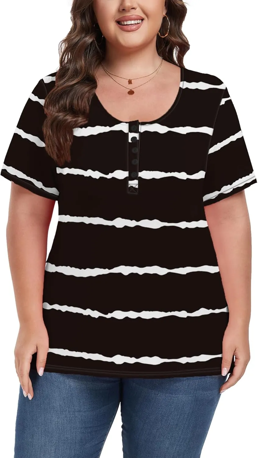 Women's Plus Size Shirt Short Sleeve Button Round Neck Top Basic Ladies Loose Fit T Shirt
