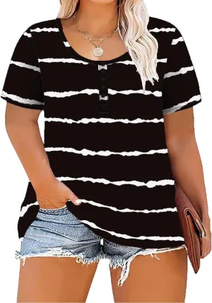 Women's Plus Size Shirt Short Sleeve Button Round Neck Top Basic Ladies Loose Fit T Shirt