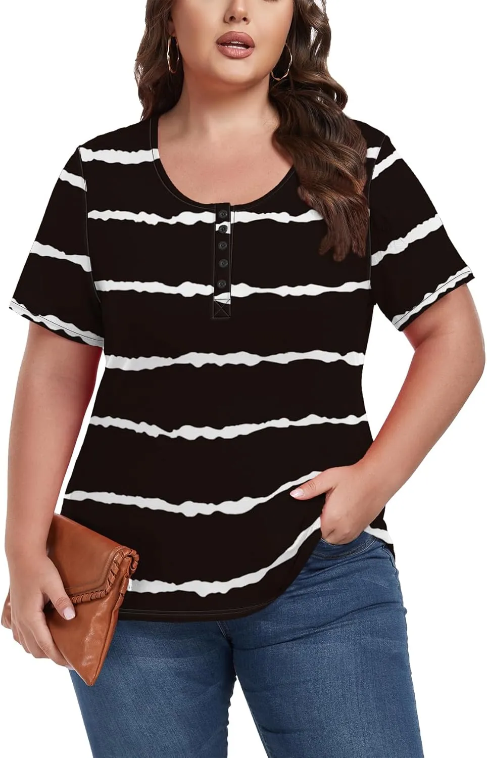 Women's Plus Size Shirt Short Sleeve Button Round Neck Top Basic Ladies Loose Fit T Shirt