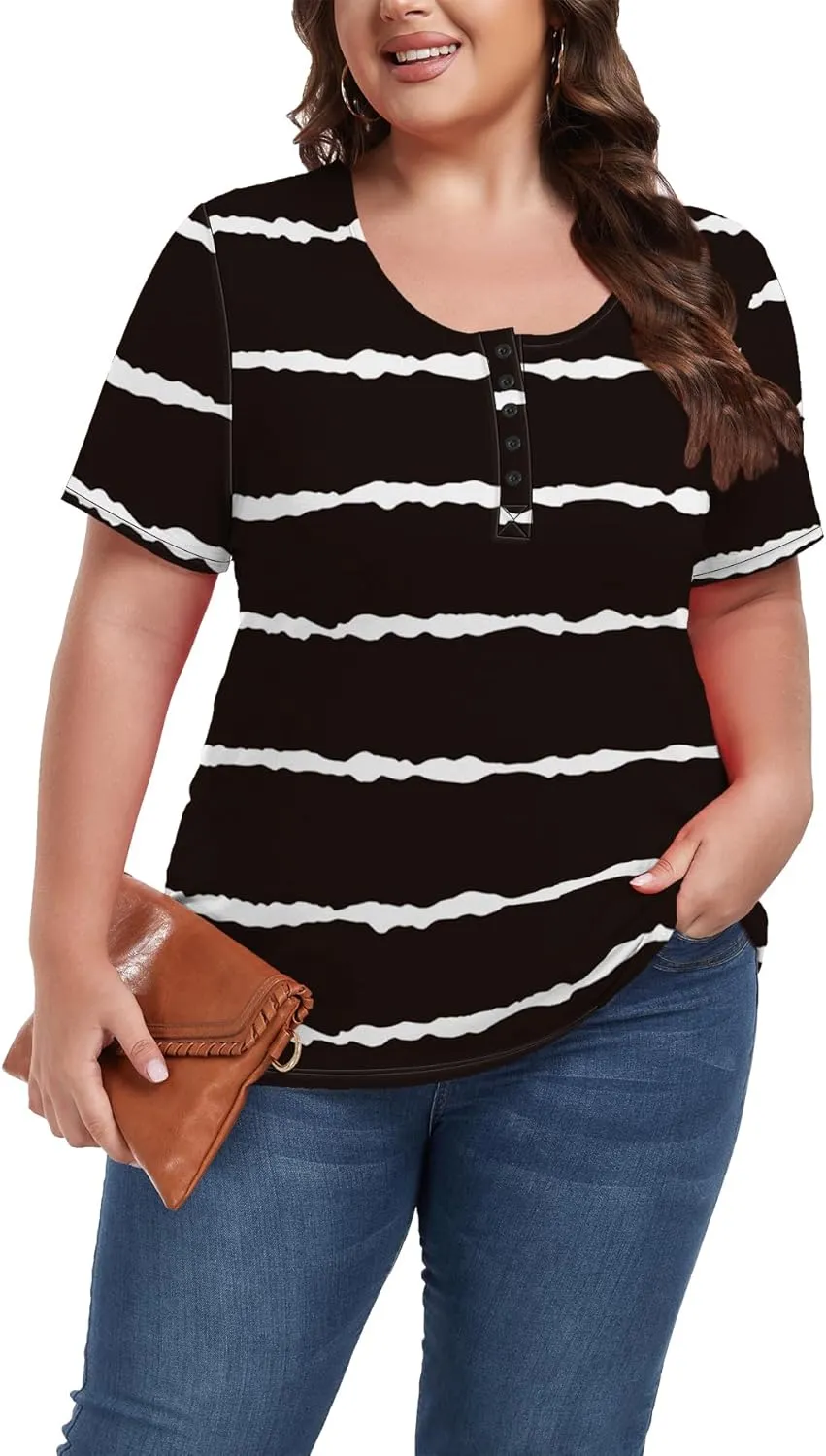 Women's Plus Size Shirt Short Sleeve Button Round Neck Top Basic Ladies Loose Fit T Shirt