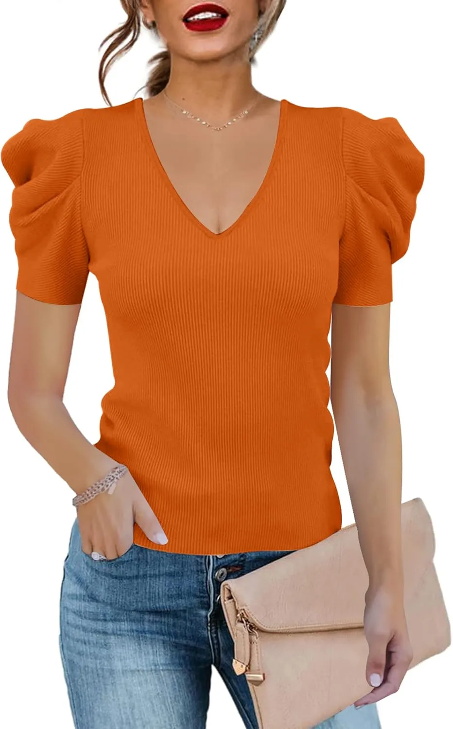 Women's Puff Long Sleeve Knit Pullover Sweaters Casual V Neck Ribbed Solid Soft Slim Fit Sweater Blouse Tops