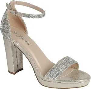 Women's Rhinestone Accent Open Toe Chunky High Heel Low Platform Formal Sandal