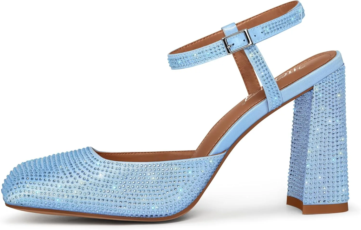 Women's Rhinestone Closed Square Toe Chunky High Heel Sandals Ankle Strap Buckle Slingback Party Dress Pumps Shoes