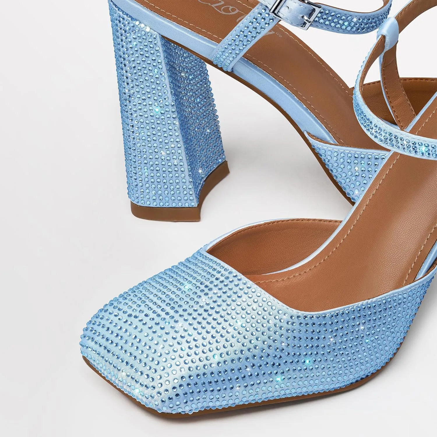 Women's Rhinestone Closed Square Toe Chunky High Heel Sandals Ankle Strap Buckle Slingback Party Dress Pumps Shoes