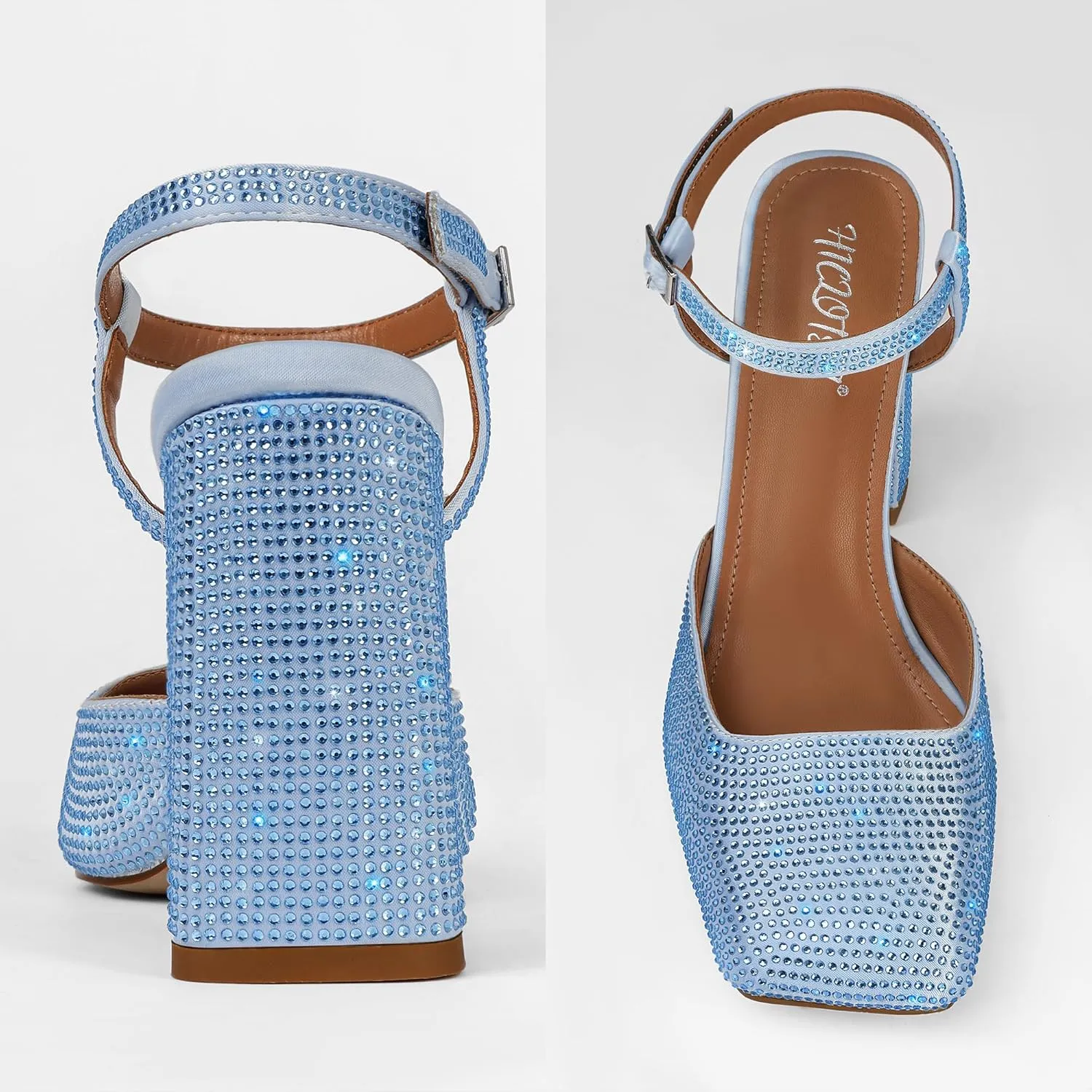 Women's Rhinestone Closed Square Toe Chunky High Heel Sandals Ankle Strap Buckle Slingback Party Dress Pumps Shoes