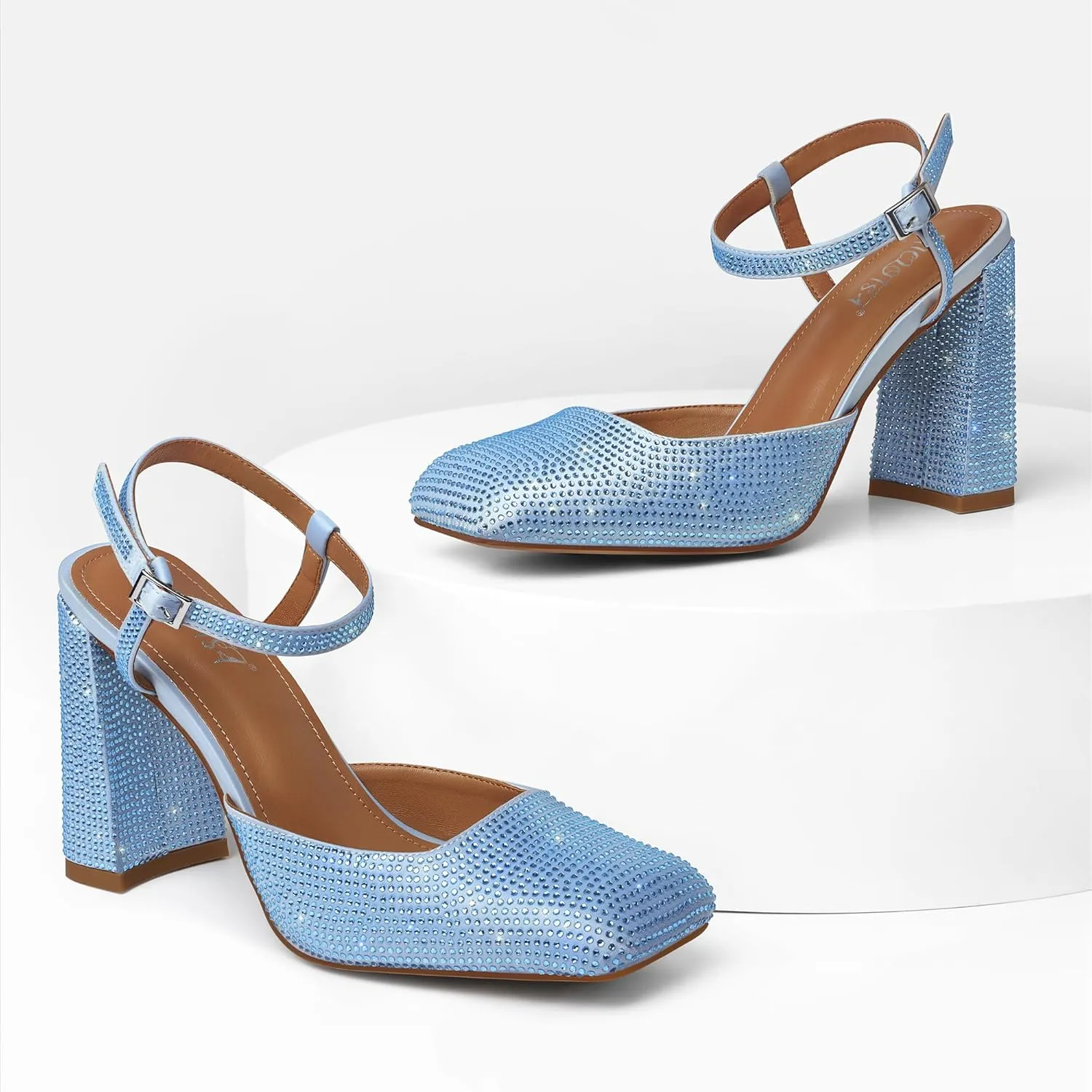 Women's Rhinestone Closed Square Toe Chunky High Heel Sandals Ankle Strap Buckle Slingback Party Dress Pumps Shoes