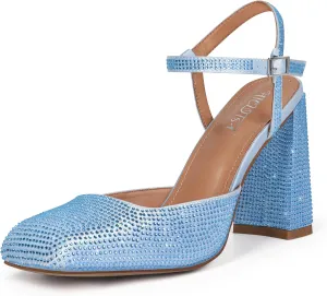 Women's Rhinestone Closed Square Toe Chunky High Heel Sandals Ankle Strap Buckle Slingback Party Dress Pumps Shoes