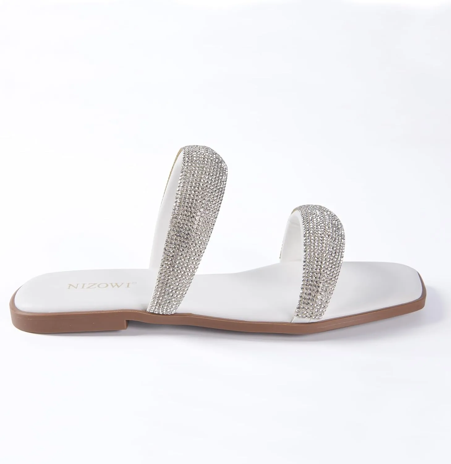 Women's Rhinestone Flat Sandals for Women Slip On Square Open Toe Slides Sandals Sparkly Cute Two Strap Flat Dressy Wedding Summer