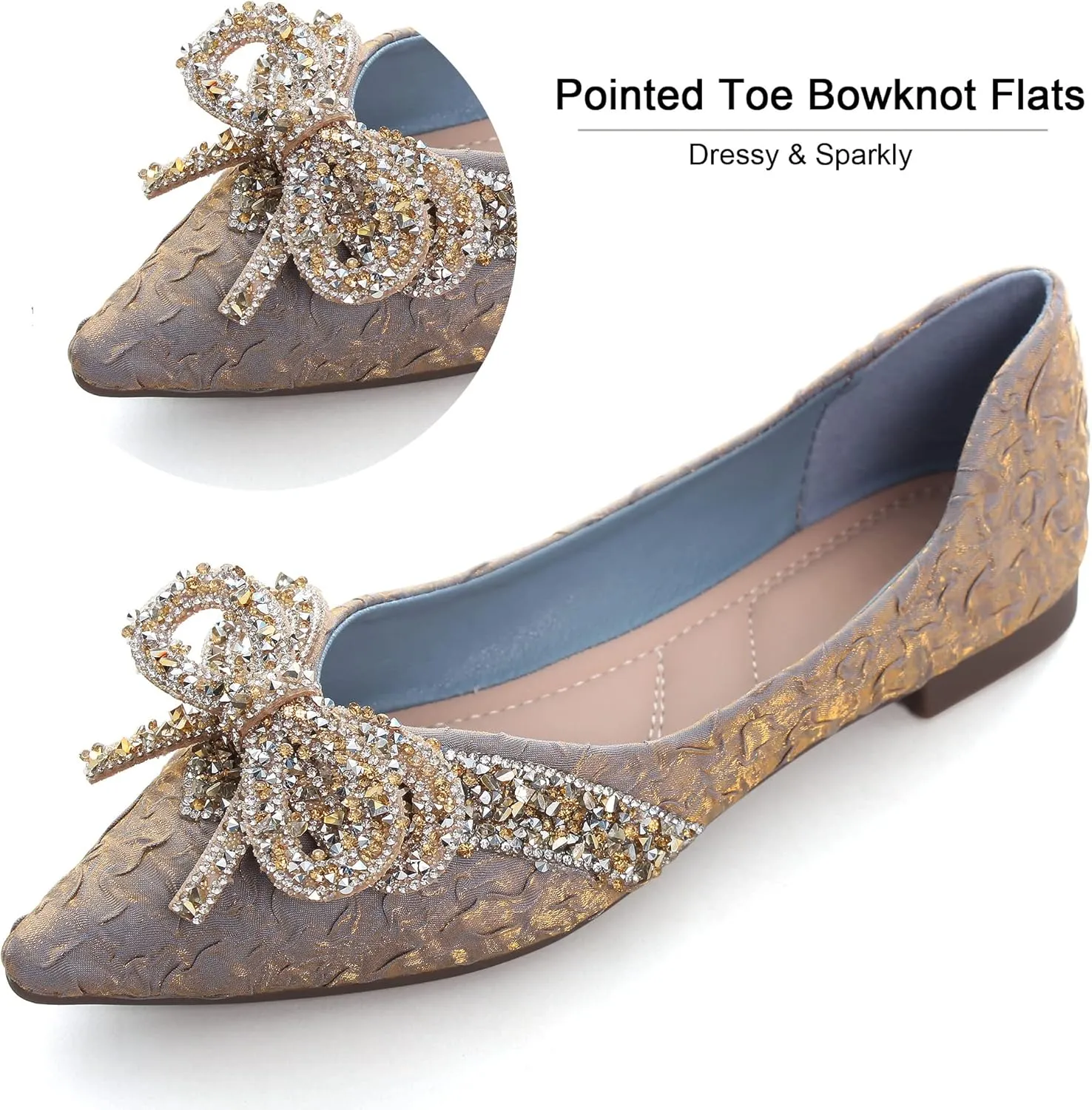 Women's Rhinestone Flats Elegant Bow Knot Glitter Ballet Flats Dress Pearl Wedding Shoes Pointed Toe Slip On Loafers for Women
