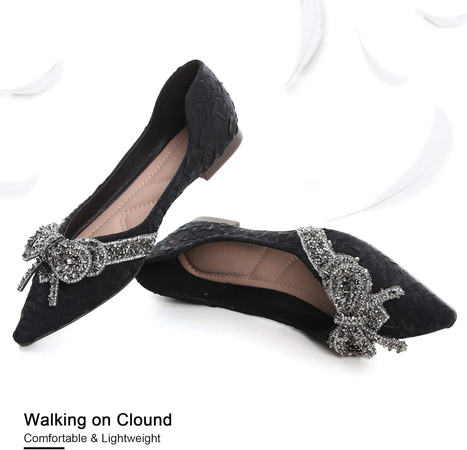 Women's Rhinestone Flats Elegant Bow Knot Glitter Ballet Flats Dress Pearl Wedding Shoes Pointed Toe Slip On Loafers for Women