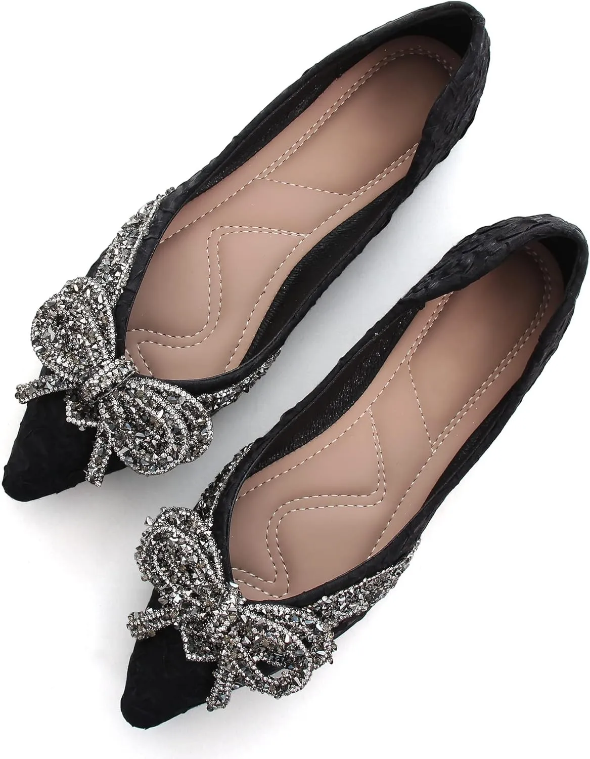 Women's Rhinestone Flats Elegant Bow Knot Glitter Ballet Flats Dress Pearl Wedding Shoes Pointed Toe Slip On Loafers for Women
