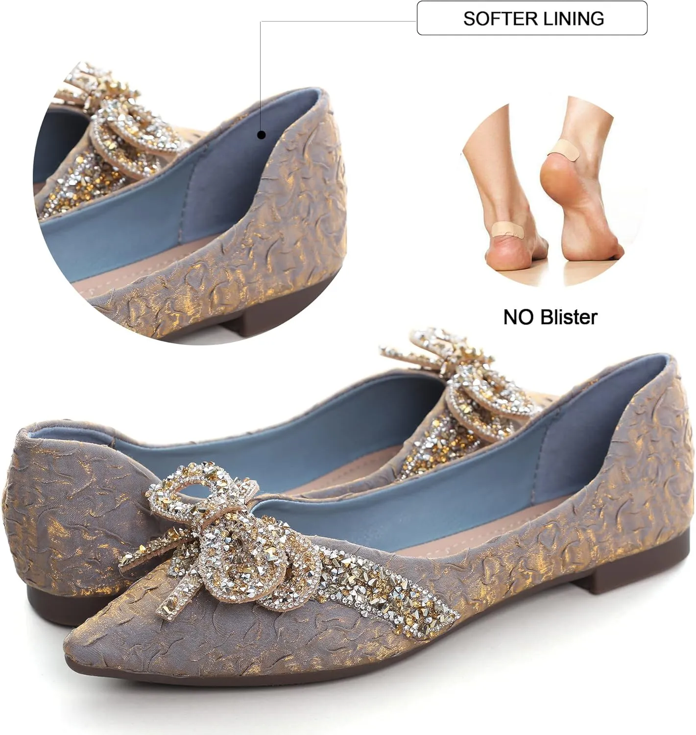 Women's Rhinestone Flats Elegant Bow Knot Glitter Ballet Flats Dress Pearl Wedding Shoes Pointed Toe Slip On Loafers for Women