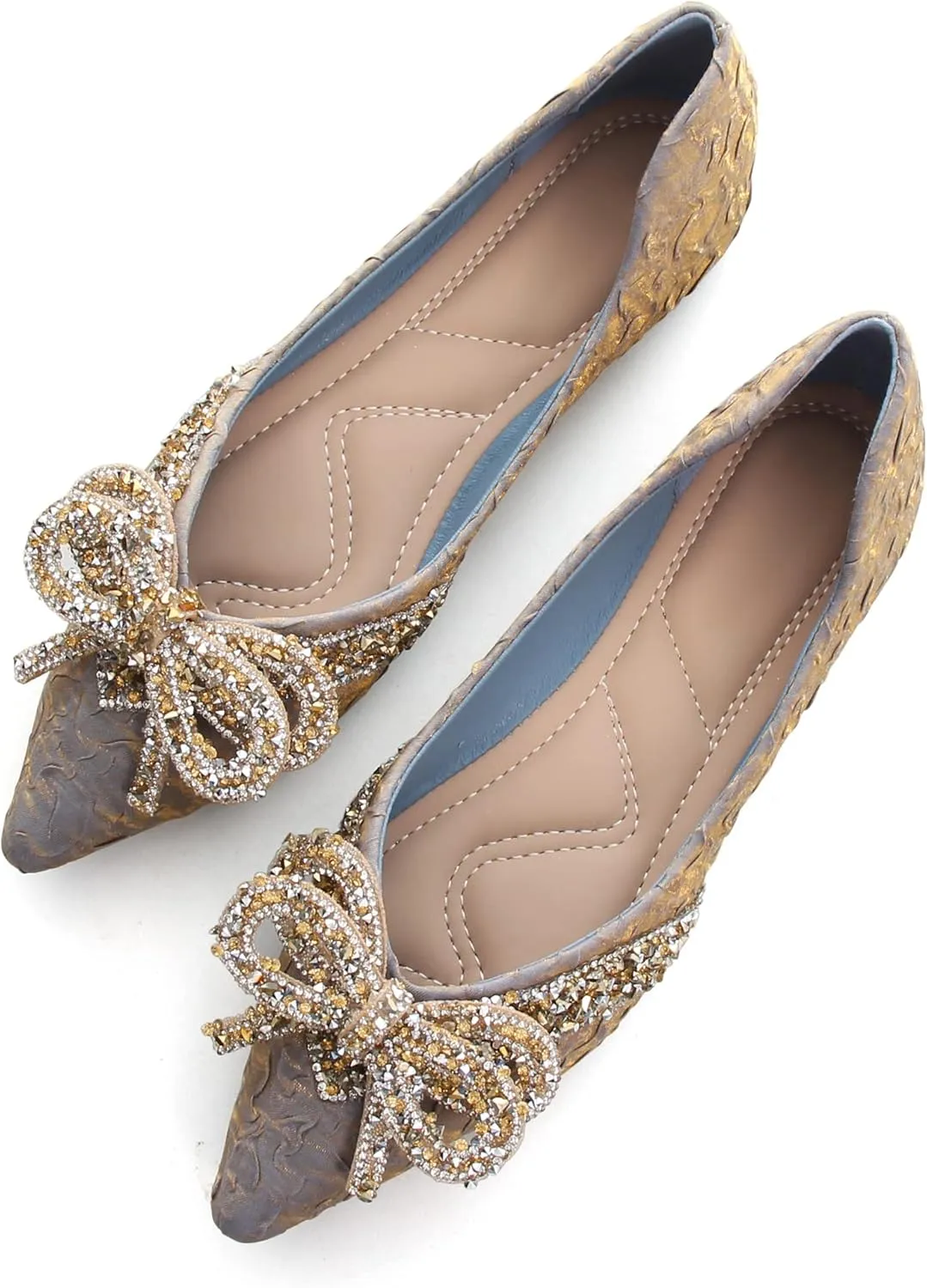 Women's Rhinestone Flats Elegant Bow Knot Glitter Ballet Flats Dress Pearl Wedding Shoes Pointed Toe Slip On Loafers for Women