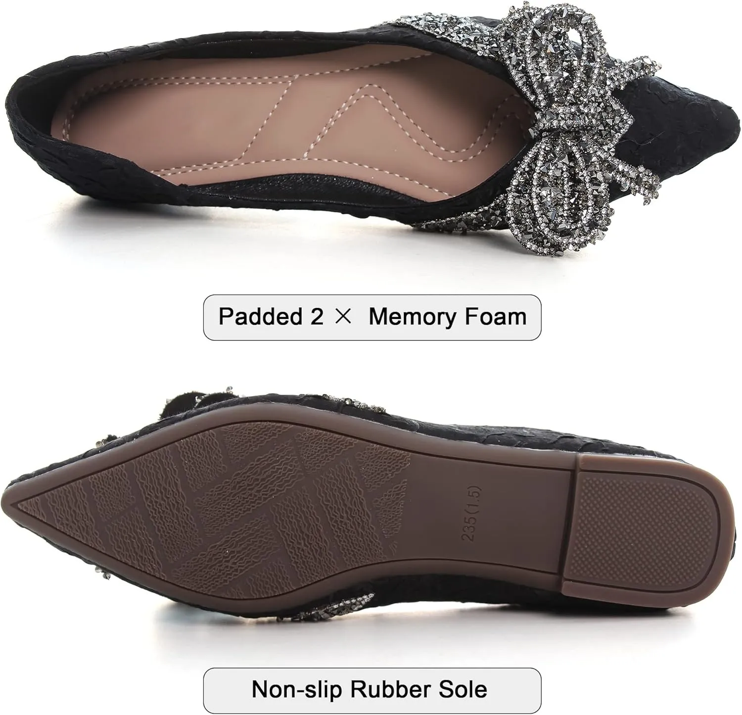 Women's Rhinestone Flats Elegant Bow Knot Glitter Ballet Flats Dress Pearl Wedding Shoes Pointed Toe Slip On Loafers for Women