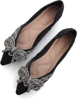 Women's Rhinestone Flats Elegant Bow Knot Glitter Ballet Flats Dress Pearl Wedding Shoes Pointed Toe Slip On Loafers for Women
