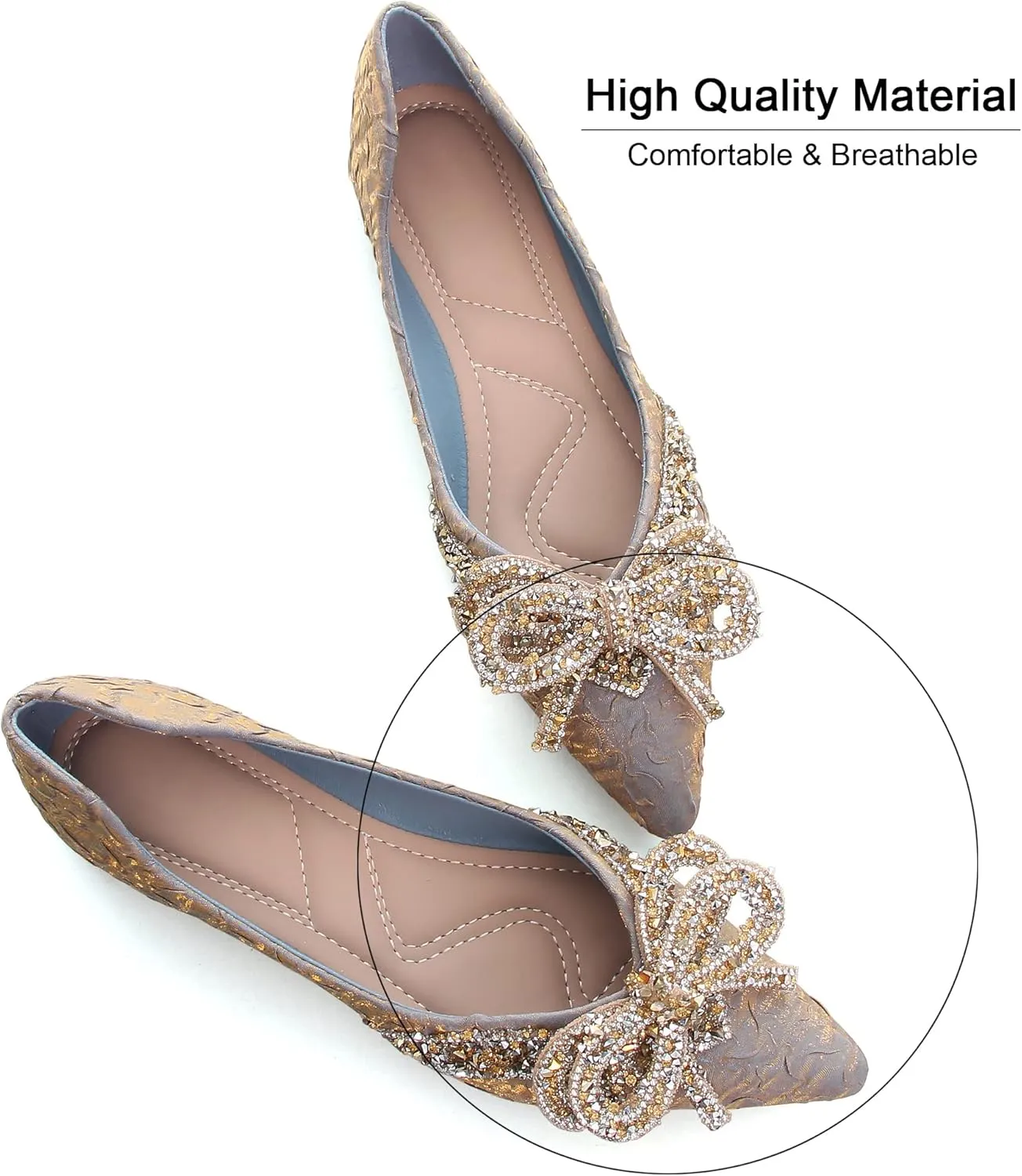 Women's Rhinestone Flats Elegant Bow Knot Glitter Ballet Flats Dress Pearl Wedding Shoes Pointed Toe Slip On Loafers for Women