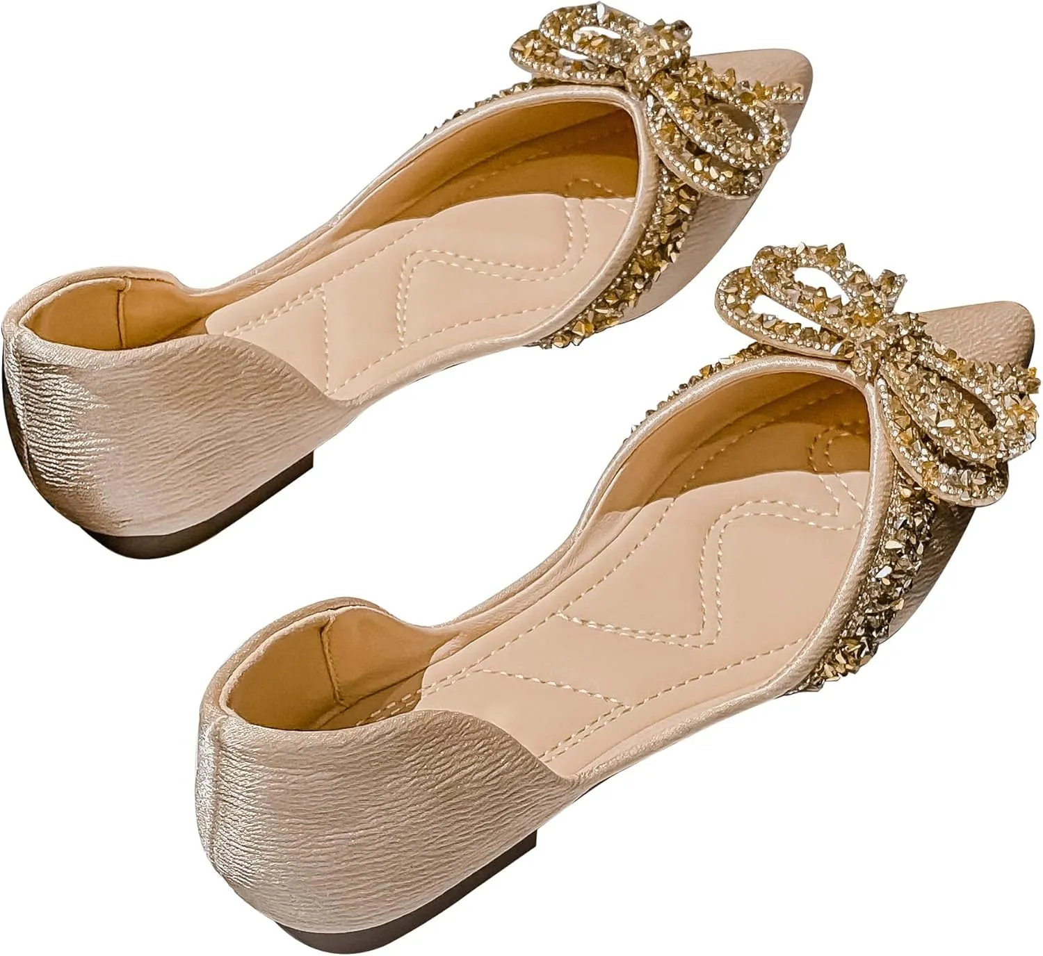 Women's Rhinestone Flats Elegant Bow Knot Glitter Ballet Flats Dress Pearl Wedding Shoes Pointed Toe Slip On Loafers for Women