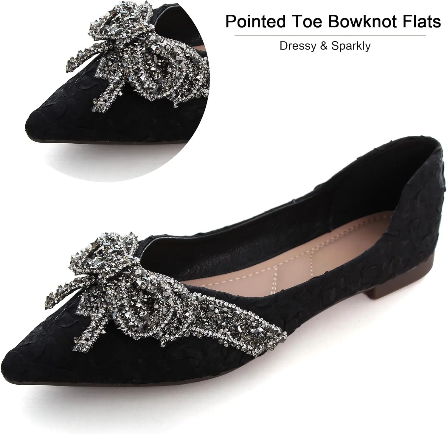 Women's Rhinestone Flats Elegant Bow Knot Glitter Ballet Flats Dress Pearl Wedding Shoes Pointed Toe Slip On Loafers for Women