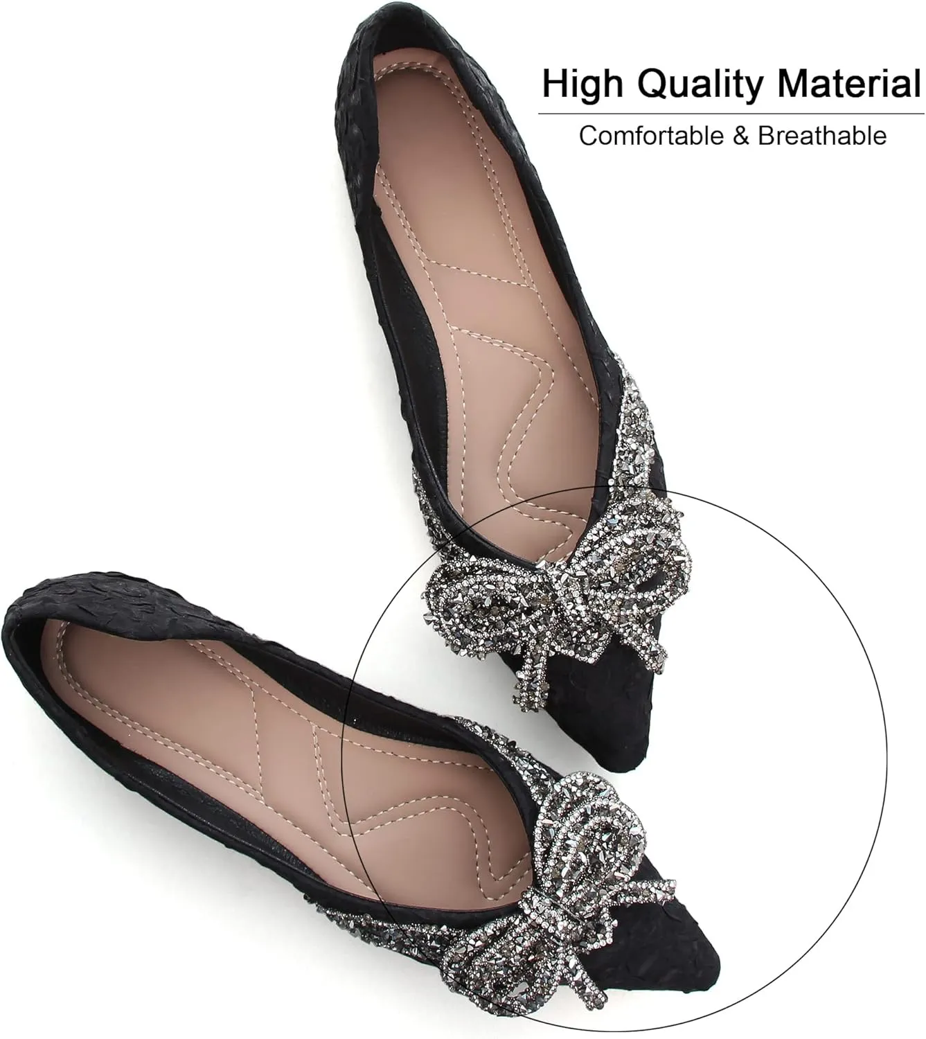 Women's Rhinestone Flats Elegant Bow Knot Glitter Ballet Flats Dress Pearl Wedding Shoes Pointed Toe Slip On Loafers for Women