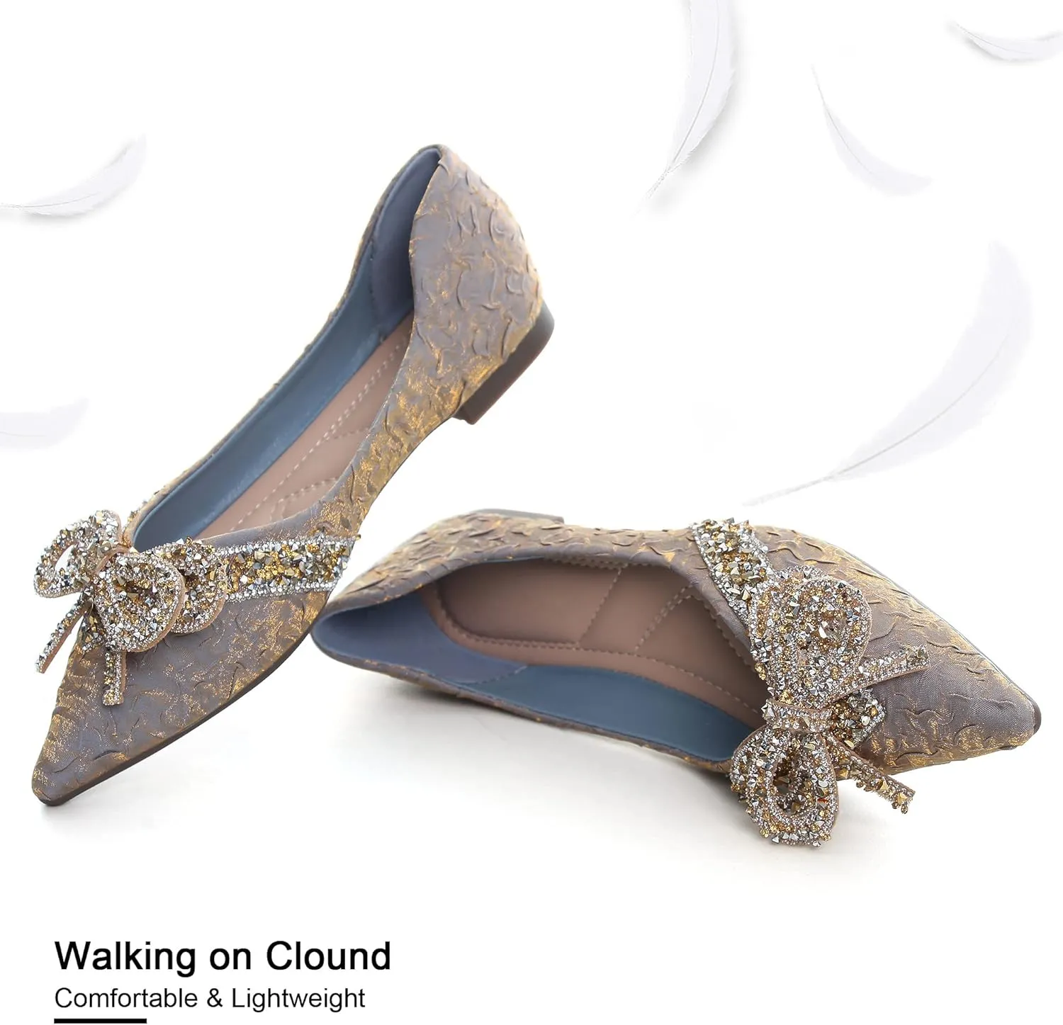 Women's Rhinestone Flats Elegant Bow Knot Glitter Ballet Flats Dress Pearl Wedding Shoes Pointed Toe Slip On Loafers for Women