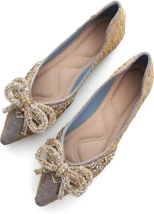 Women's Rhinestone Flats Elegant Bow Knot Glitter Ballet Flats Dress Pearl Wedding Shoes Pointed Toe Slip On Loafers for Women