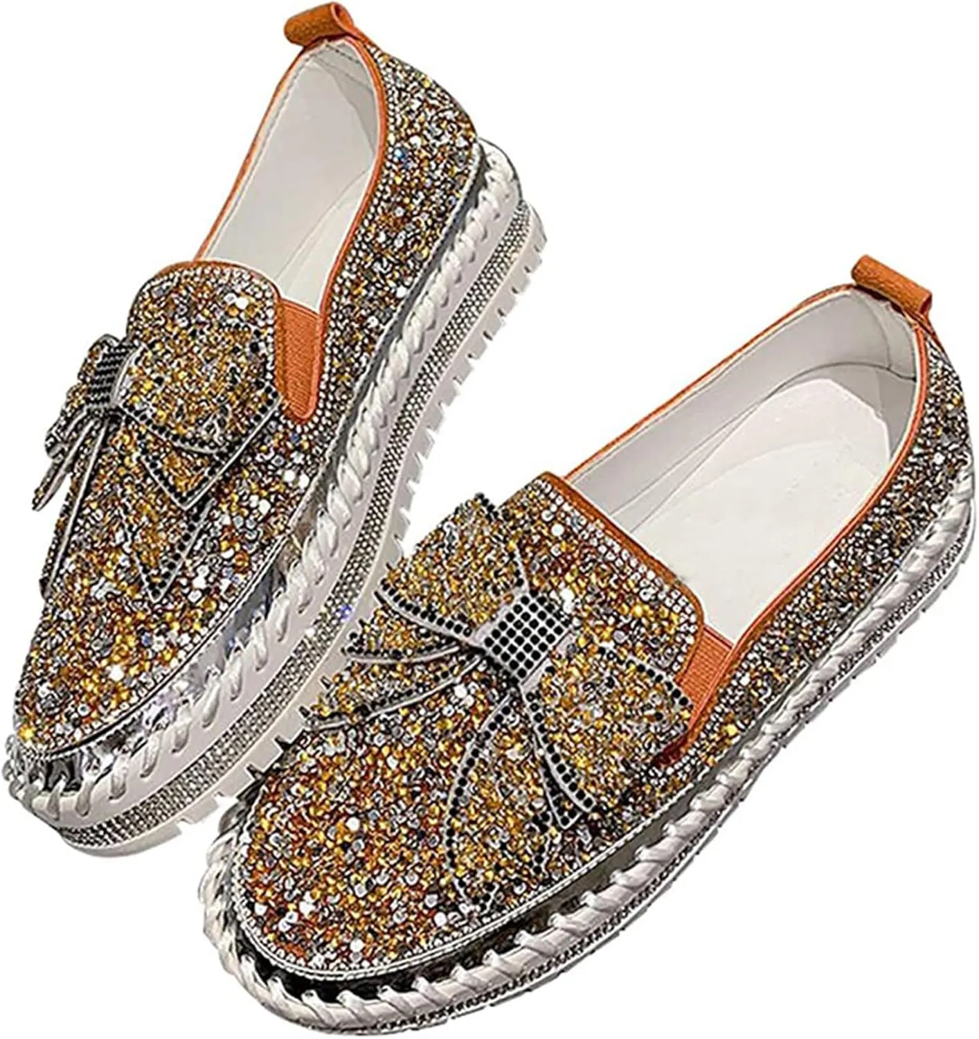 Women's Rhinestones Glitter Platform Slip On Sneakers Casual Cute Bowknot Shiny Walking Shoes Handmade Non-Slip Comfortable Dress Flat Loafers
