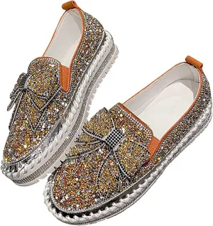 Women's Rhinestones Glitter Platform Slip On Sneakers Casual Cute Bowknot Shiny Walking Shoes Handmade Non-Slip Comfortable Dress Flat Loafers