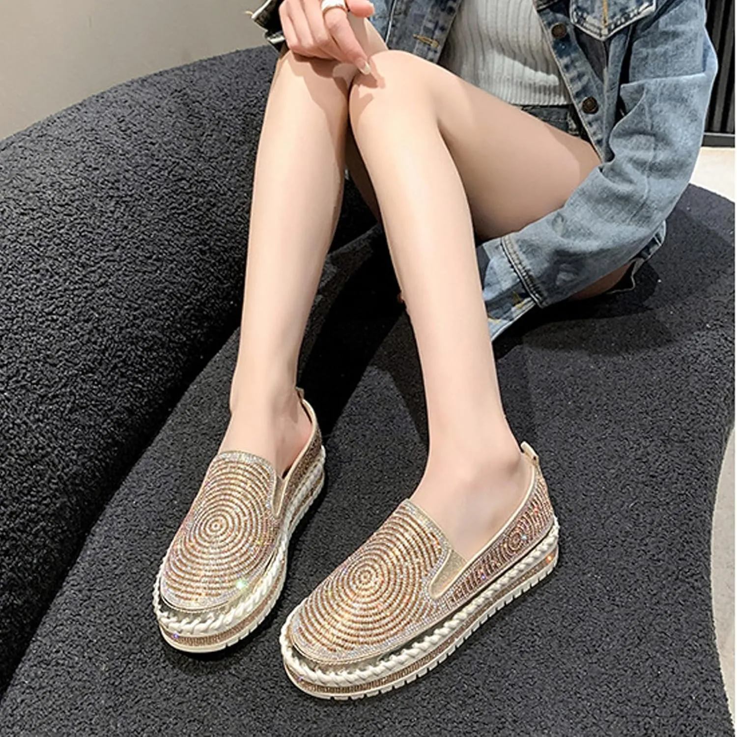 Women's Rhinestones Platform Loafer Comfort Round Wide Toe Slip On Sparkle Walking Shoes Handmade Non-Slip Fashion Sneakers