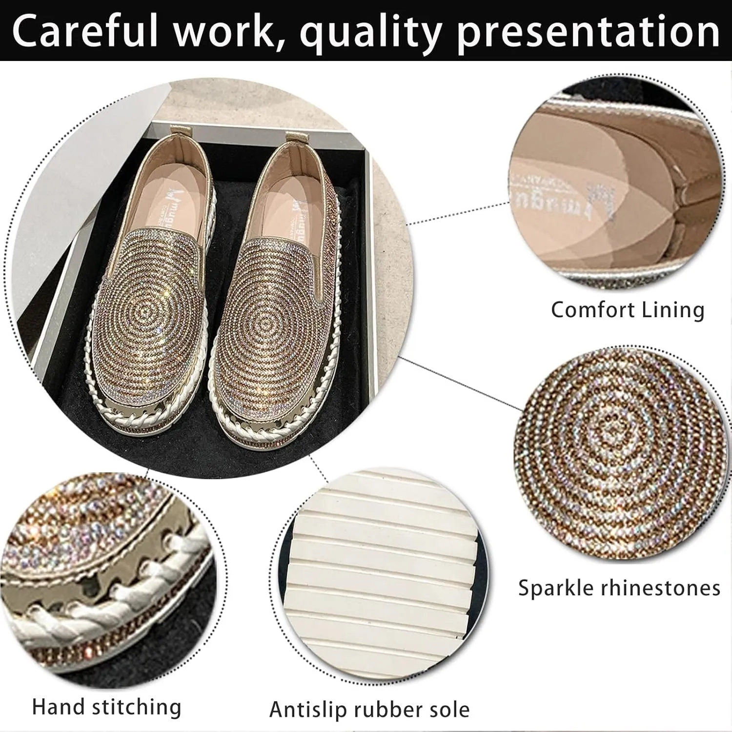 Women's Rhinestones Platform Loafer Comfort Round Wide Toe Slip On Sparkle Walking Shoes Handmade Non-Slip Fashion Sneakers
