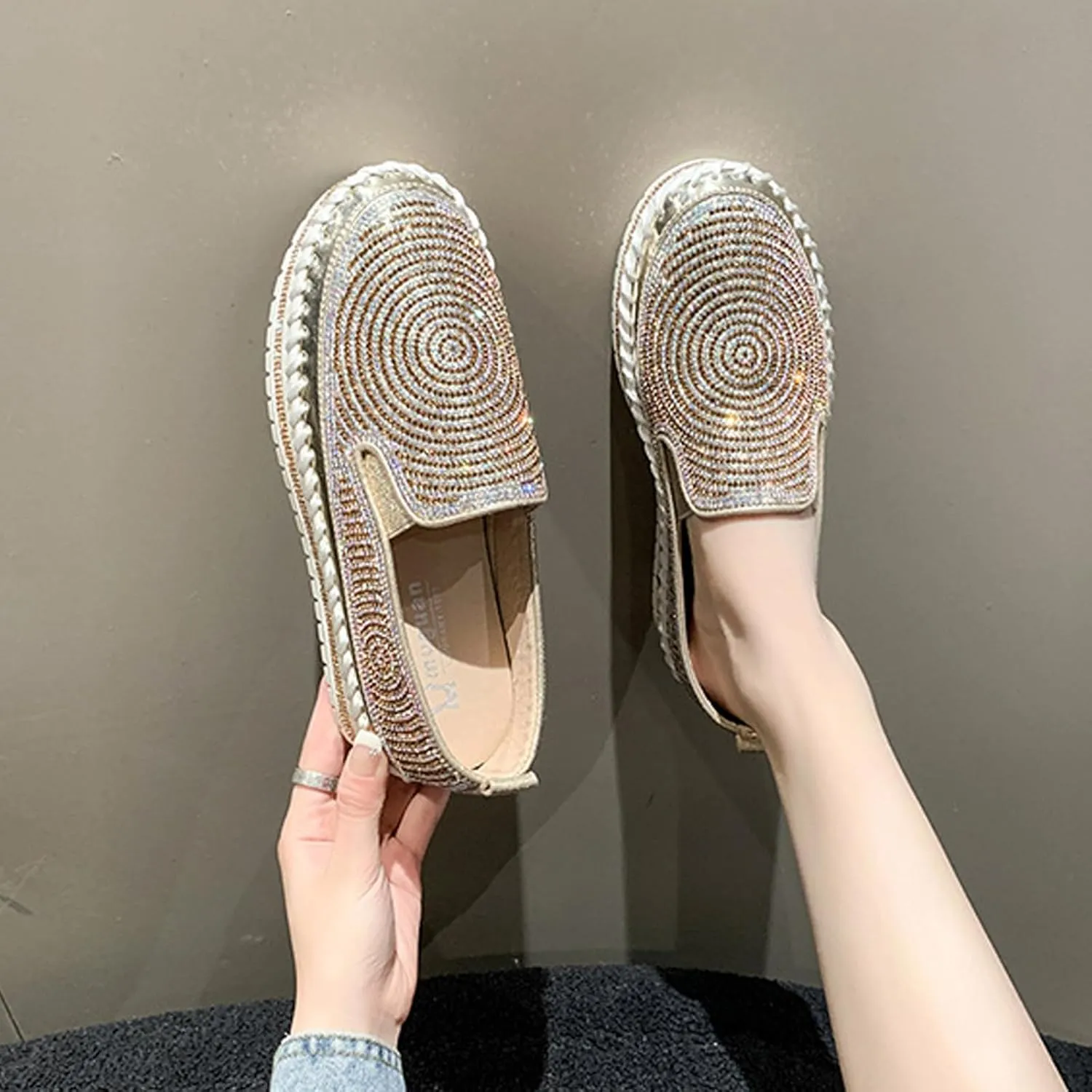 Women's Rhinestones Platform Loafer Comfort Round Wide Toe Slip On Sparkle Walking Shoes Handmade Non-Slip Fashion Sneakers