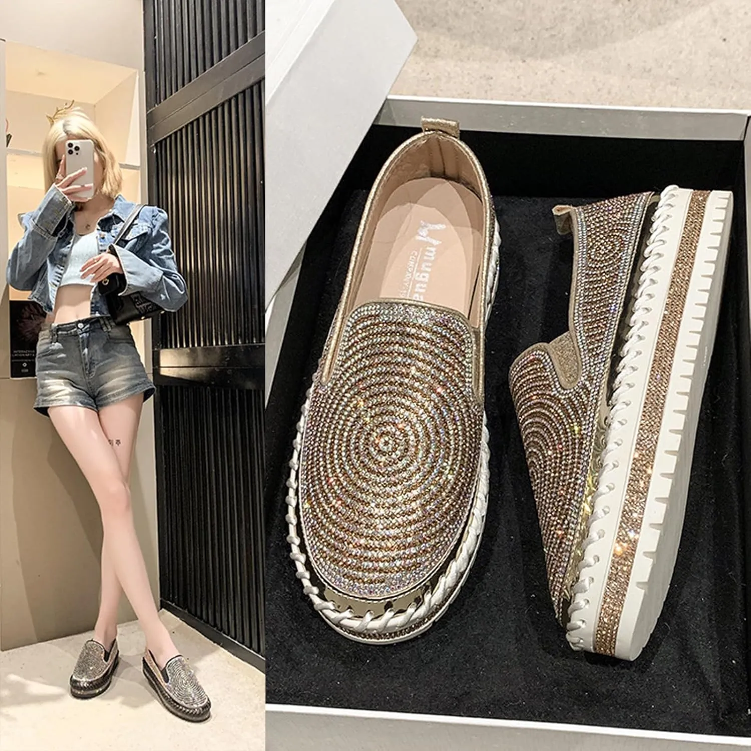 Women's Rhinestones Platform Loafer Comfort Round Wide Toe Slip On Sparkle Walking Shoes Handmade Non-Slip Fashion Sneakers