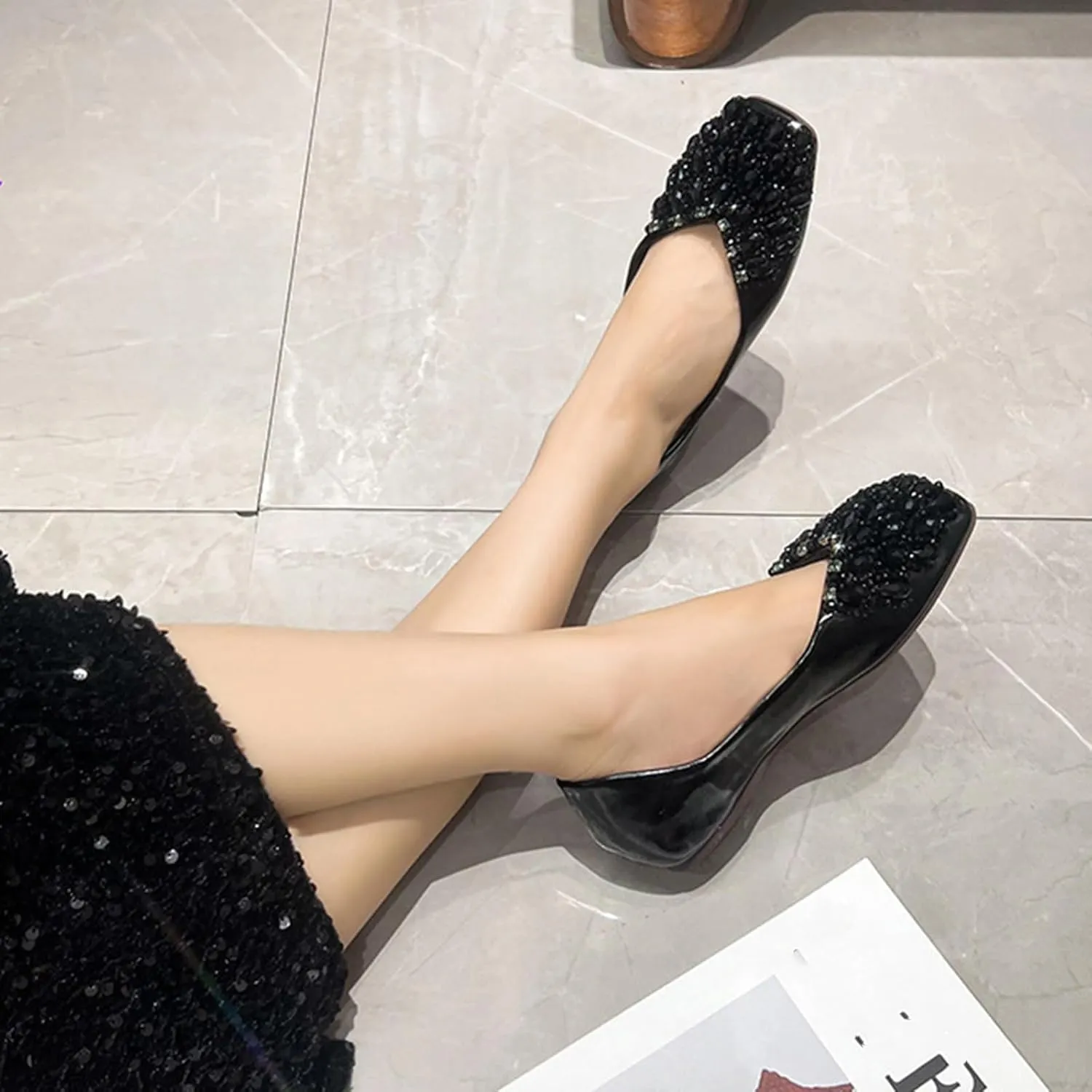 Women's Rhinestones Square Toe Ballet Flats Fashion Bling Glitter Crystal Soft Sole Comfort Slip-On Penny Loafers Elegant Casual Low Heel Wedding Dress Shoes