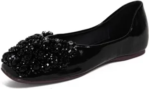 Women's Rhinestones Square Toe Ballet Flats Fashion Bling Glitter Crystal Soft Sole Comfort Slip-On Penny Loafers Elegant Casual Low Heel Wedding Dress Shoes