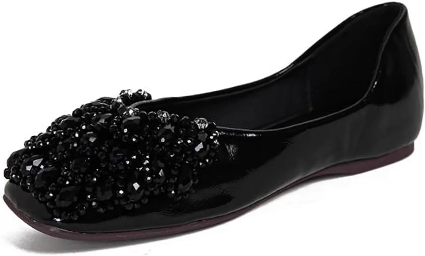Women's Rhinestones Square Toe Ballet Flats Fashion Bling Glitter Crystal Soft Sole Comfort Slip-On Penny Loafers Elegant Casual Low Heel Wedding Dress Shoes