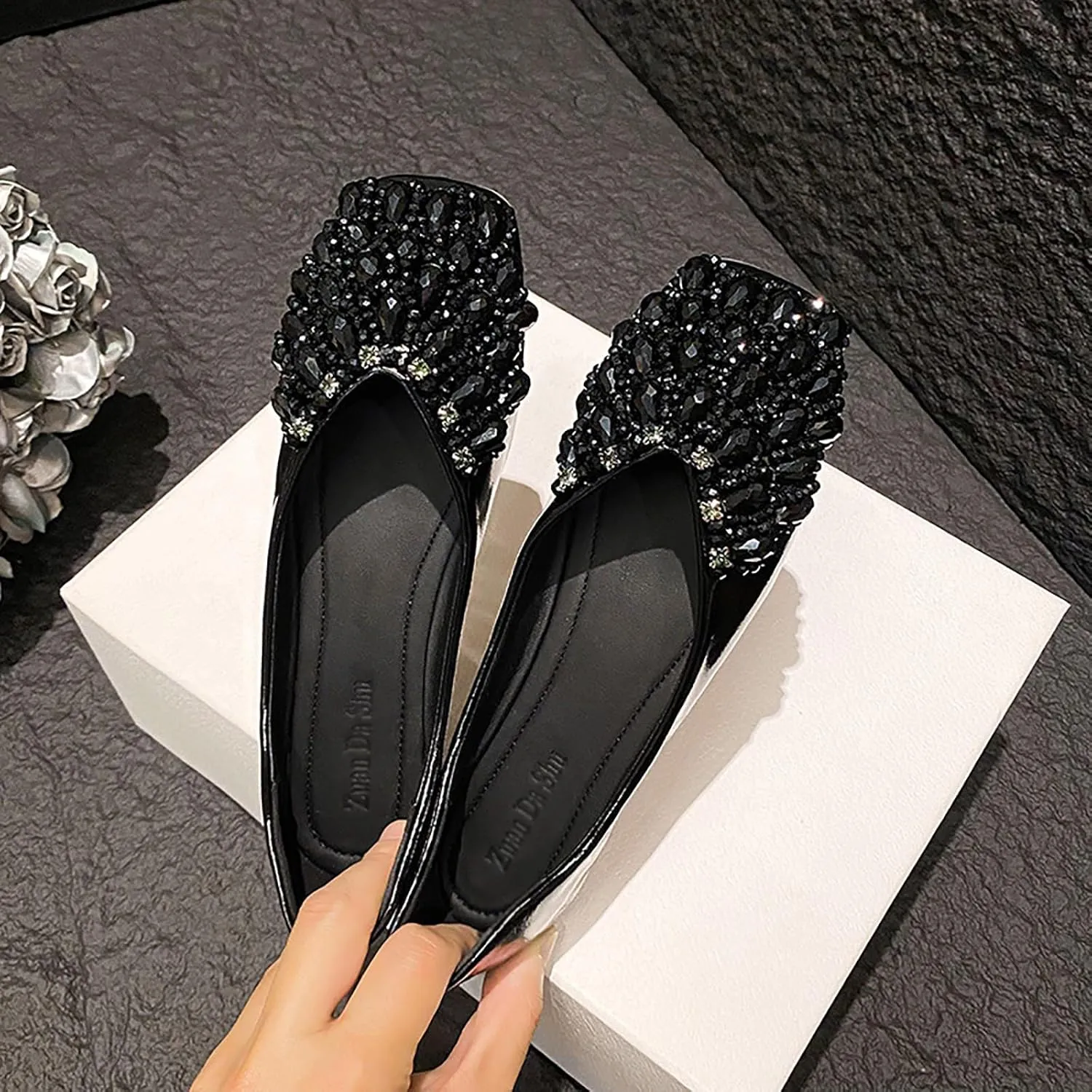 Women's Rhinestones Square Toe Ballet Flats Fashion Bling Glitter Crystal Soft Sole Comfort Slip-On Penny Loafers Elegant Casual Low Heel Wedding Dress Shoes