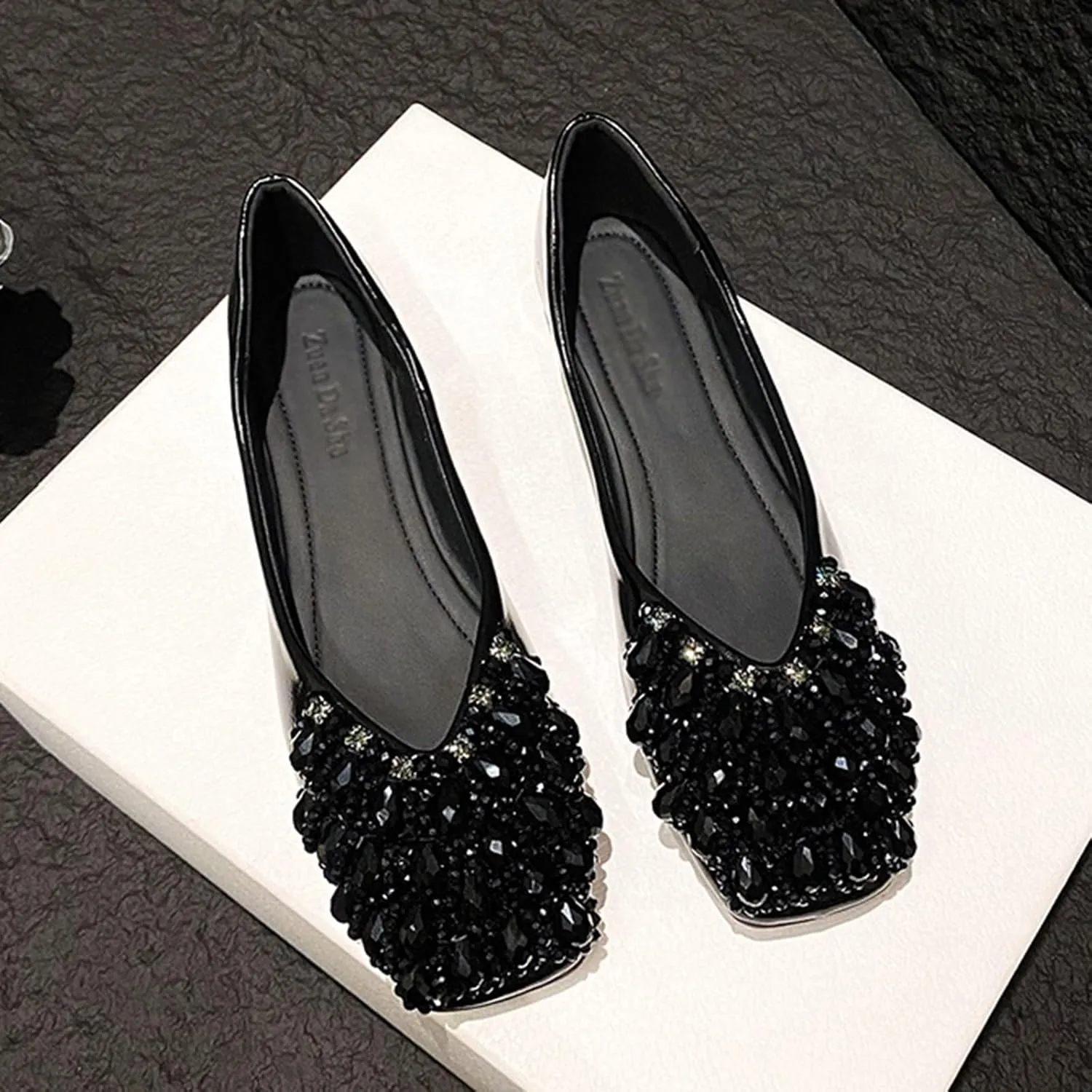 Women's Rhinestones Square Toe Ballet Flats Fashion Bling Glitter Crystal Soft Sole Comfort Slip-On Penny Loafers Elegant Casual Low Heel Wedding Dress Shoes