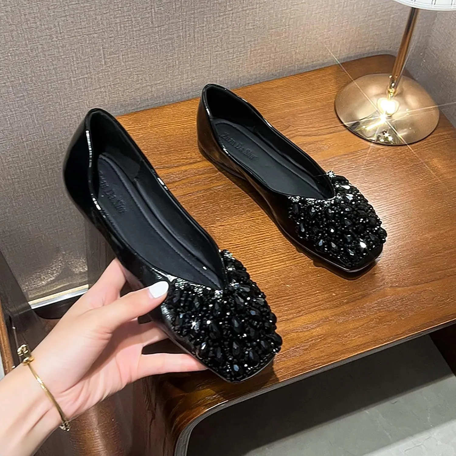Women's Rhinestones Square Toe Ballet Flats Fashion Bling Glitter Crystal Soft Sole Comfort Slip-On Penny Loafers Elegant Casual Low Heel Wedding Dress Shoes