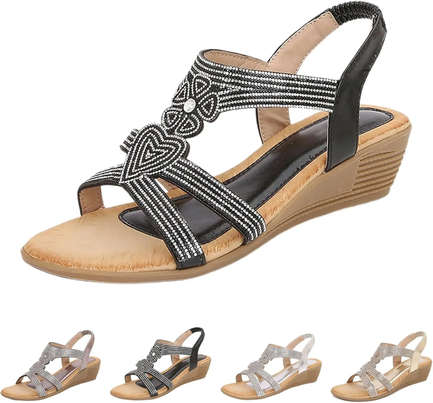 Womens Sandal Bohemia Glitter Love Pattern Flats Open Toe Ankle Strap Beach Sandal Comfortable Summer Dress Shoes